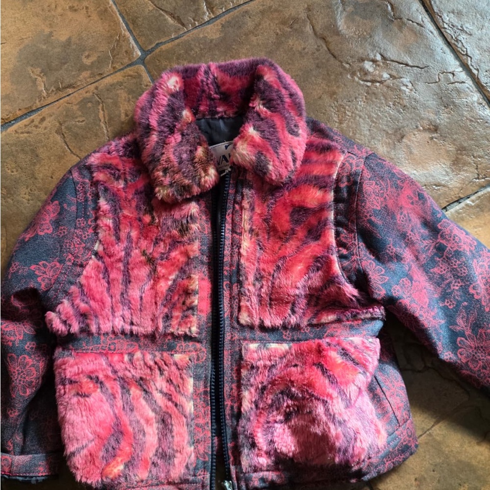 Pink and Black Patterned Faux Fur Jacket